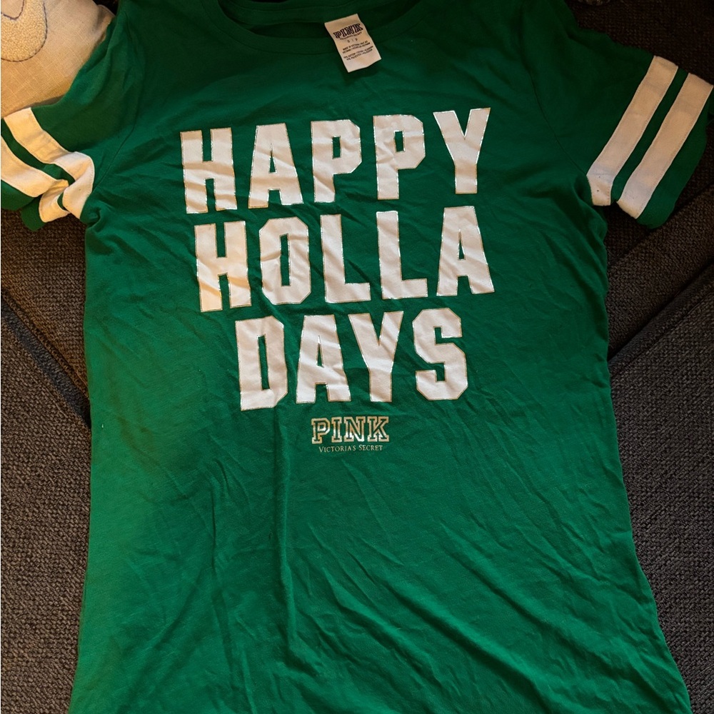 PINK Victoria's Secret Green and White Holiday Tee